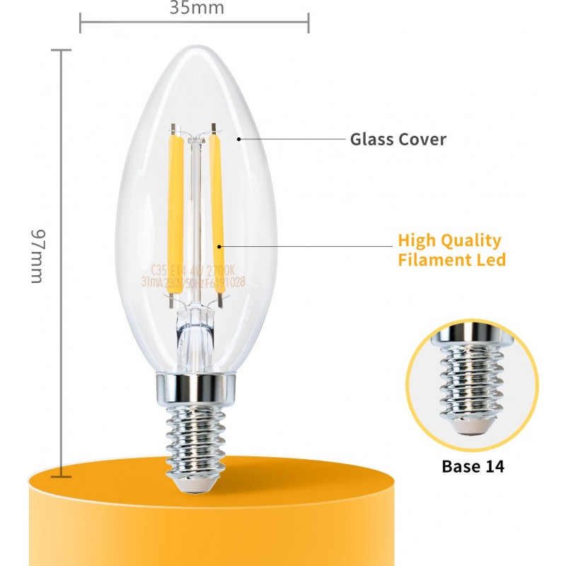 6,95 € Free Shipping | 5 units box LED light bulb 4W E14 LED C35 2700K Very warm light. Ø 3 cm. LED filament Crystal