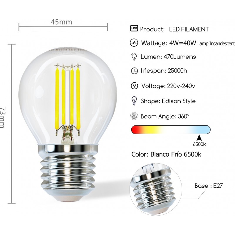 7,95 € Free Shipping | 5 units box LED light bulb 4W E27 LED G45 6500K Cold light. Ø 4 cm. LED filament Crystal