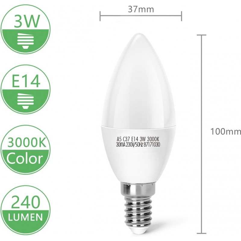 5,95 € Free Shipping | 5 units box LED light bulb 3W E14 LED C37 3000K Warm light. Ø 3 cm. LED candle White Color