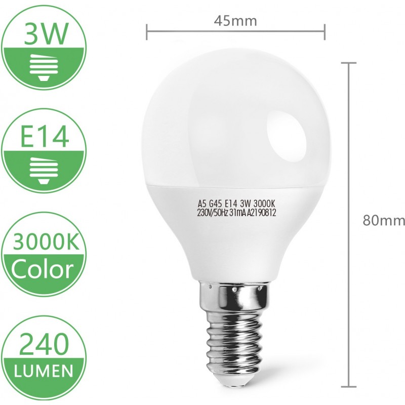5,95 € Free Shipping | 5 units box LED light bulb 3W E14 LED 3000K Warm light. Spherical Shape Ø 4 cm. led balloon White Color