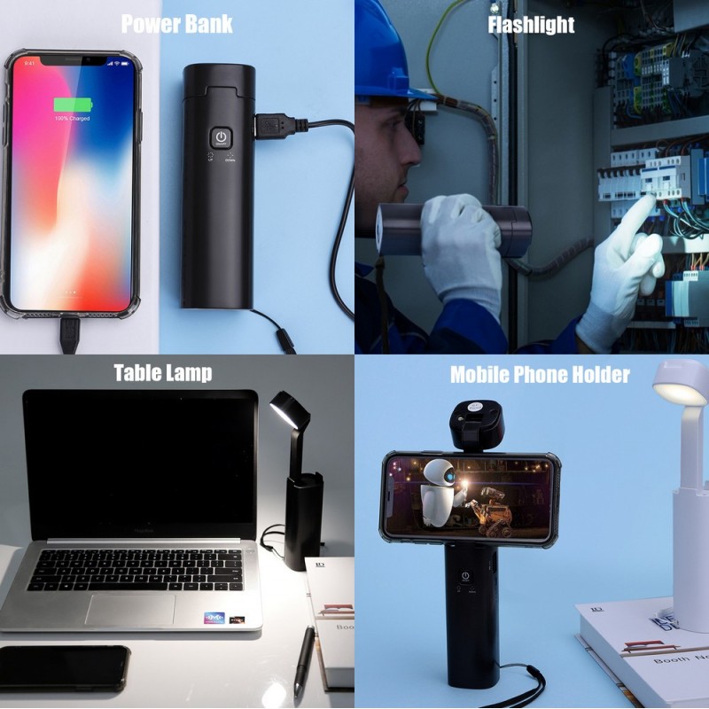19,95 € Free Shipping | Desk lamp 3W 4500K Neutral light. 26×4 cm. LED lamp with Power Bank. USB rechargeable. Mobile phone holder. 3 levels of regulation. flashlight function Polycarbonate. Black Color