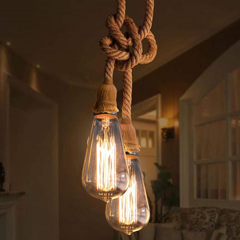 12,95 € Free Shipping | Hanging lamp 60W 100 cm. Double pendant lamp holder made of hemp rope. E27 socket. 1 meter pendulum and ceiling mount Natural Color