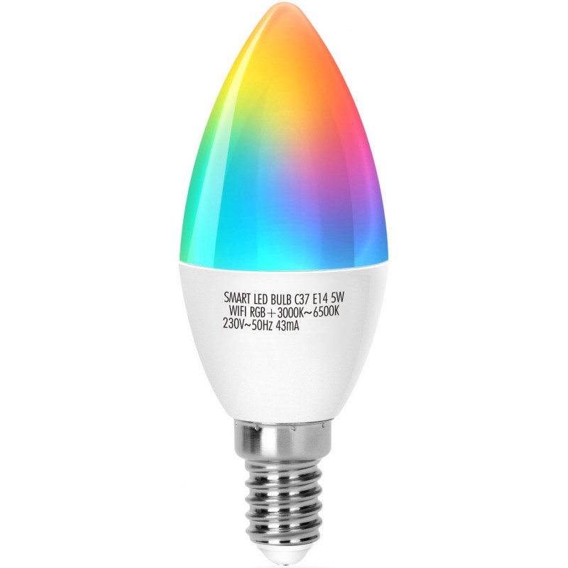 25,95 € Free Shipping | 5 units box Remote control LED bulb 5W E14 LED C37 Ø 3 cm. Smart LED candle. Wifi. RGB multi-color dimmable. Alexa and Google Home Compatible PMMA and Polycarbonate. White Color