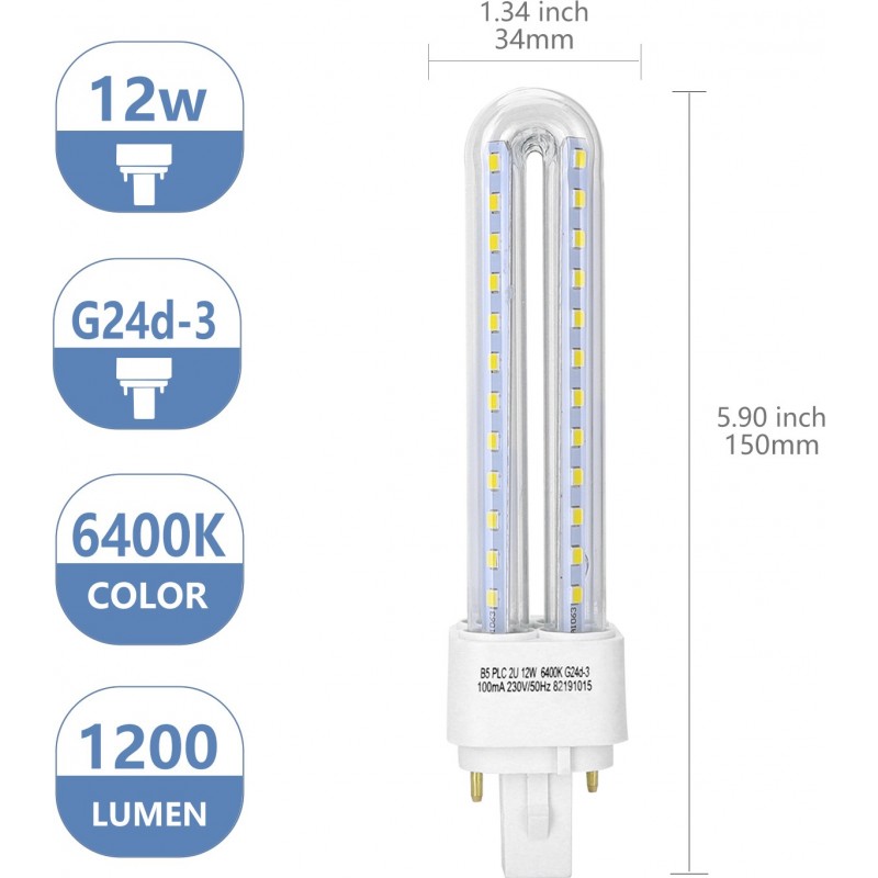 16,95 € Free Shipping | 5 units box LED light bulb 12W G24 LED Ø 3 cm. Double LED Tube 2U