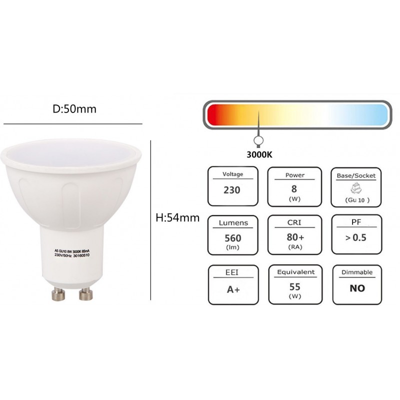 9,95 € Free Shipping | 5 units box LED light bulb 8W GU10 LED 3000K Warm light. Ø 5 cm. White Color