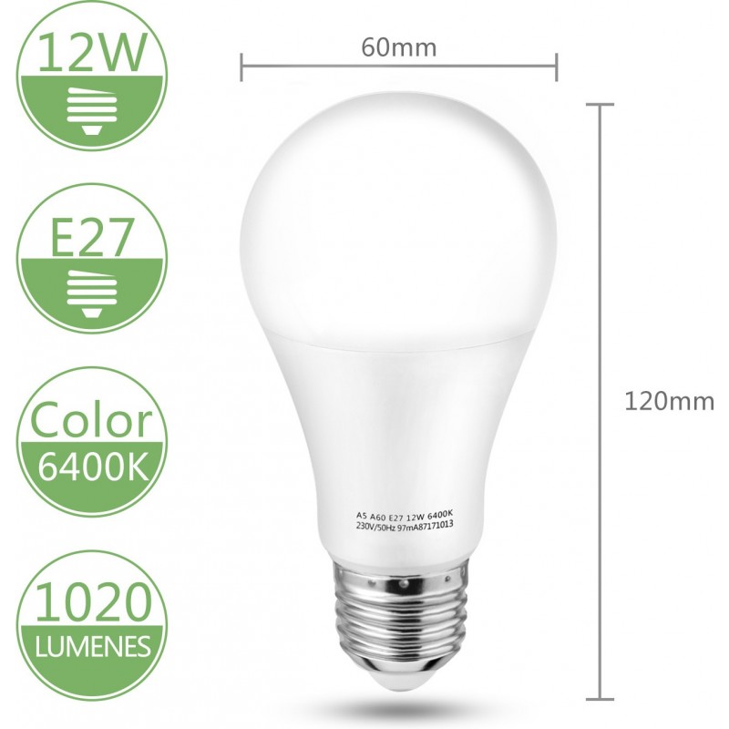 10,95 € Free Shipping | 5 units box LED light bulb 12W E27 LED A60 Ø 6 cm. White Color