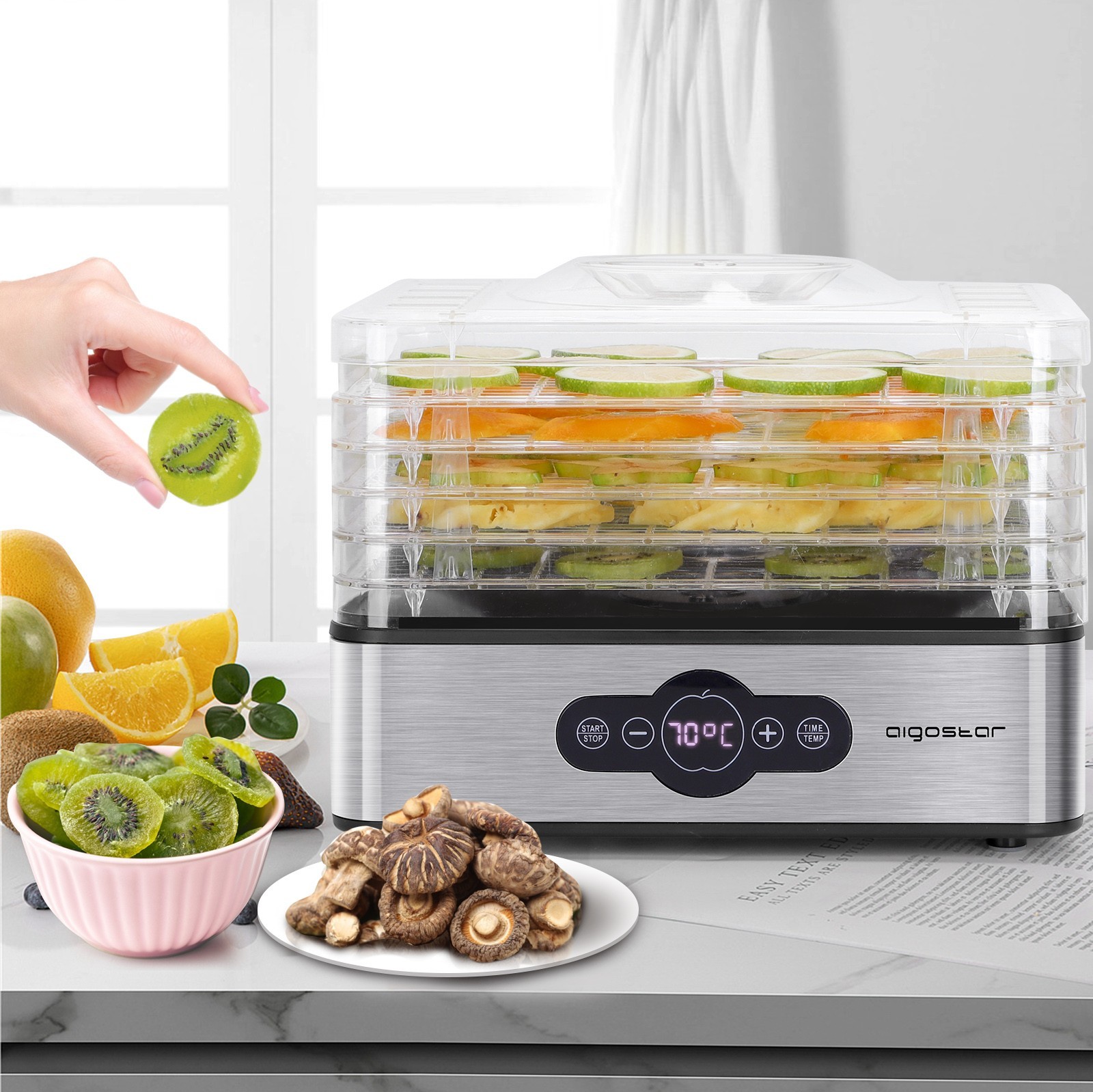 43,95 € Kostenloser Versand | Küchengerät Aigostar 240W 30×22 cm. Lebensmittel Dehydrator Pmma. Schwarz und silber Farbe