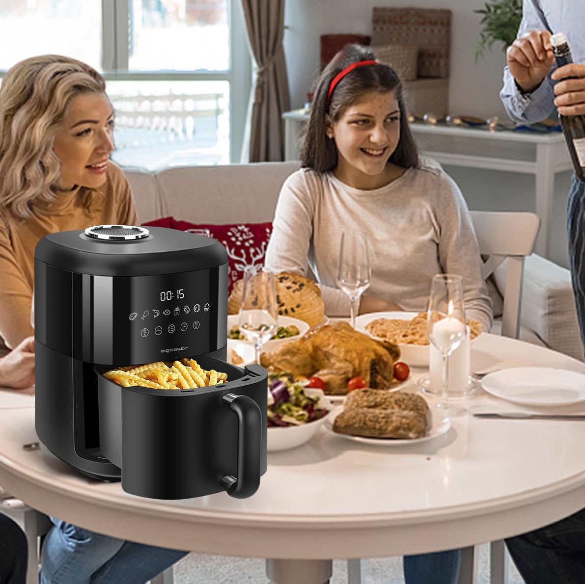 Kitchen appliance Aigostar 1300W 30×28 cm. Oil free air fryer. Preprogrammed menus. LED touch screen. 3 liters Abs and pmma. Black Color