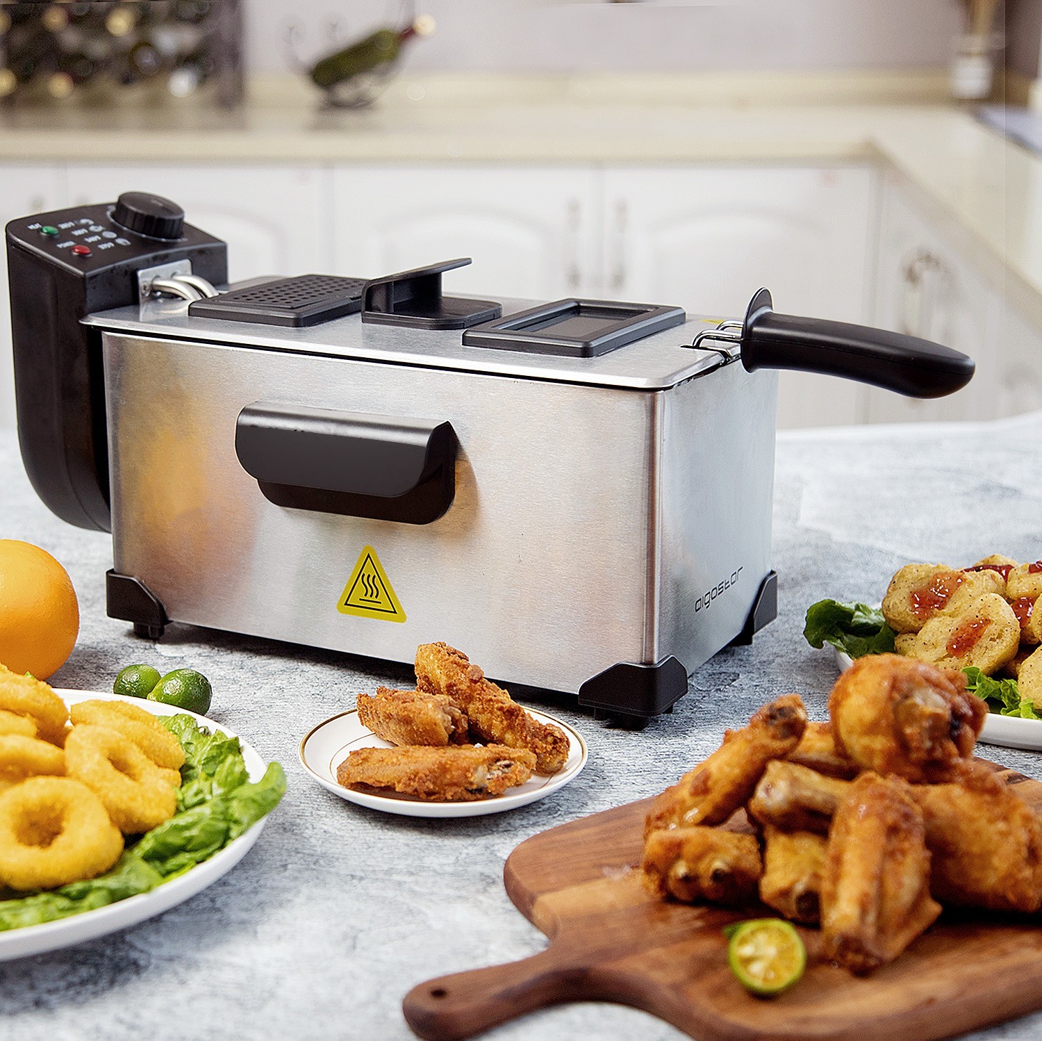 49,95 € Free Shipping | Kitchen appliance Aigostar 2200W 41×23 cm. VIP version fryer Stainless steel. Stainless steel Color