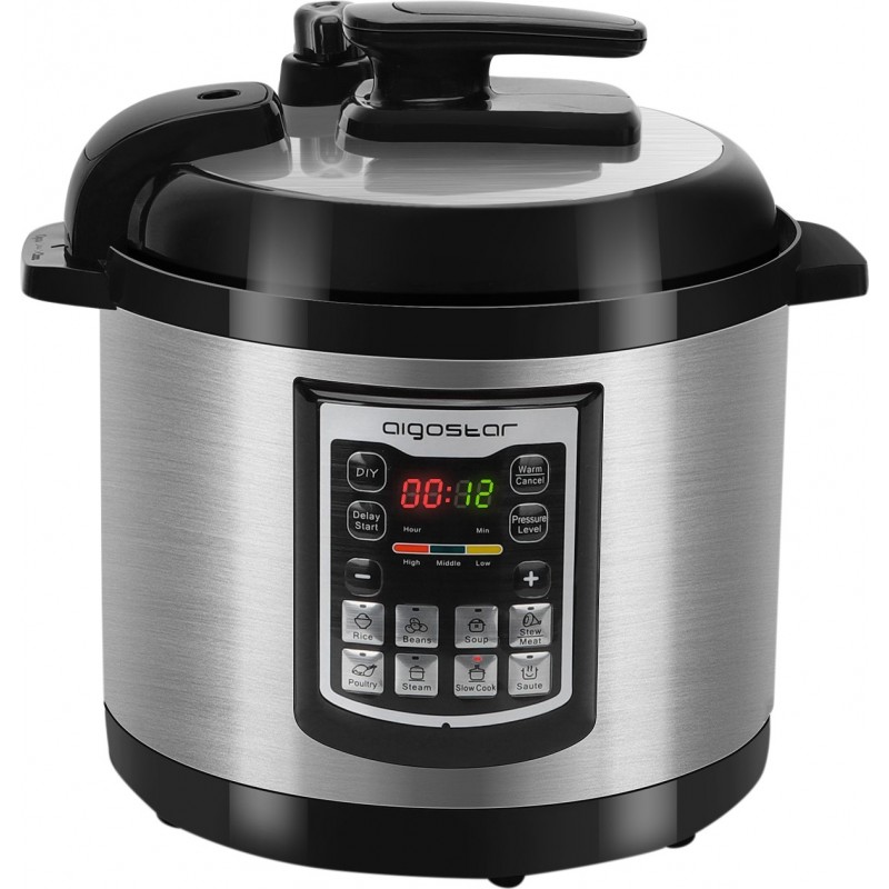 96,95 € Envio grátis | Eletrodoméstico de cozinha Aigostar 1000W 35×34 cm. Panela de pressão inteligente e multifuncional Alumínio. Cor preto e prata