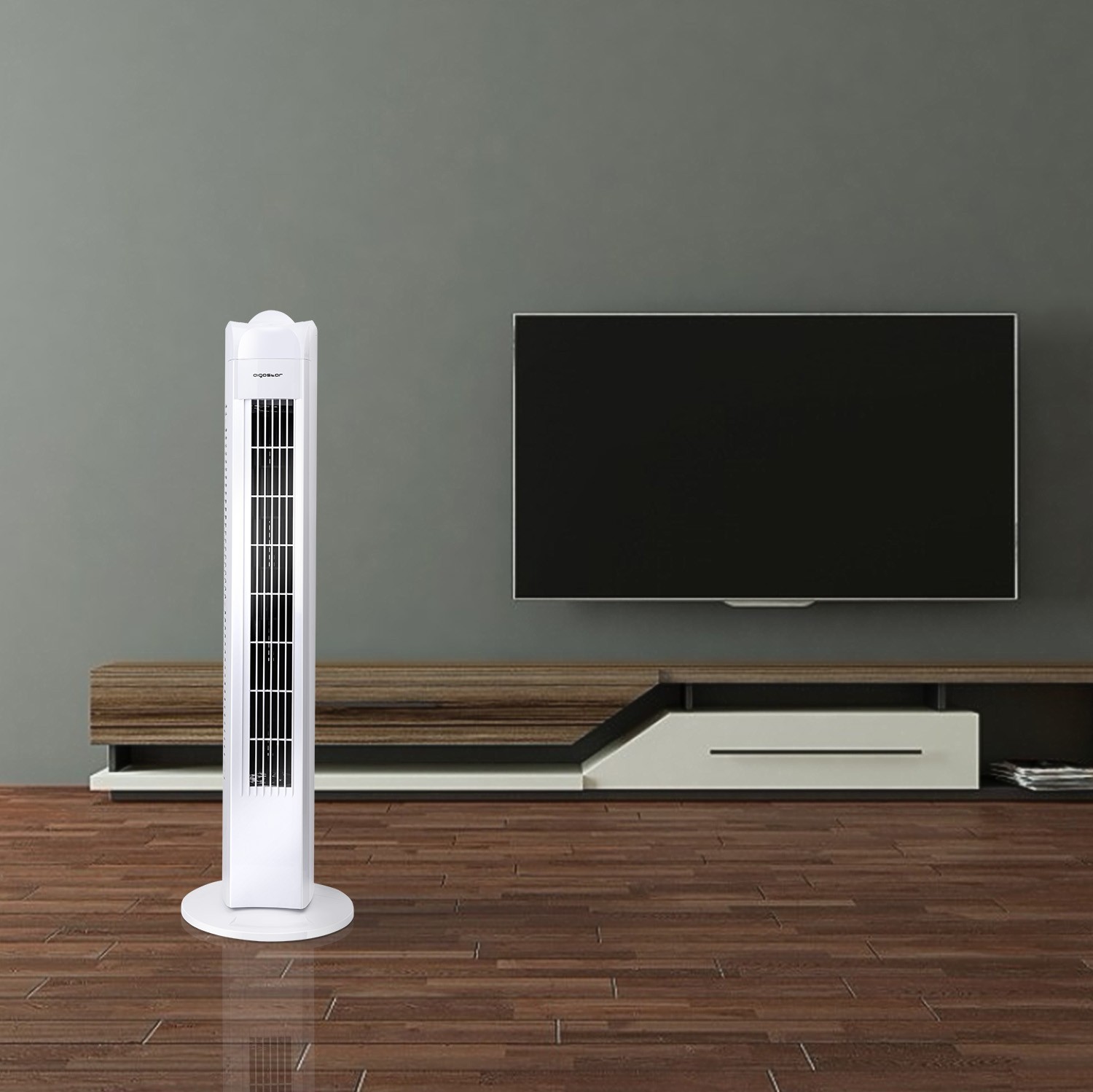 Ventilatore in piedi Aigostar 50W 77×22 cm. Torre oscillante. maniglia per il trasporto Pmma e policarbonato. Colore bianca