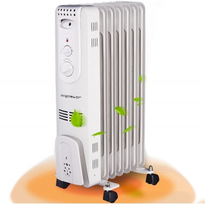 Aquecedor Aigostar 1500W 68×39 cm. Resfriador de óleo portátil com rodas. 7 elementos. 3 configurações de energia e controle de temperatura termostático Aço. Cor branco