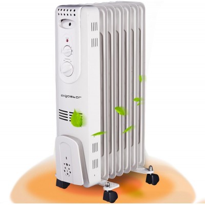 Calefactor Aigostar 1500W 68×39 cm. Radiador portátil de aceite con ruedas. 7 elementos. 3 ajustes de potencia y control termostático de temperatura Acero. Color blanco