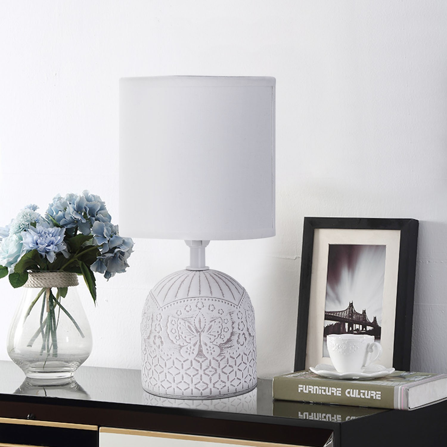 9,95 € Free Shipping | Table lamp Aigostar 40W 26×13 cm. Butterflies design. fabric shade Ceramic. White Color