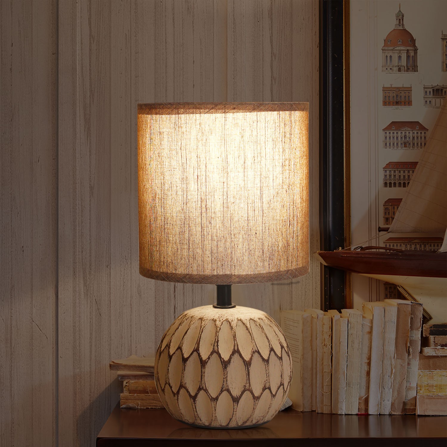 Aigostar - Lampe de table, chevet, bureau avec base céramique et abat-jour  tissu. Douille E14. Écologique, moderne et vintage.