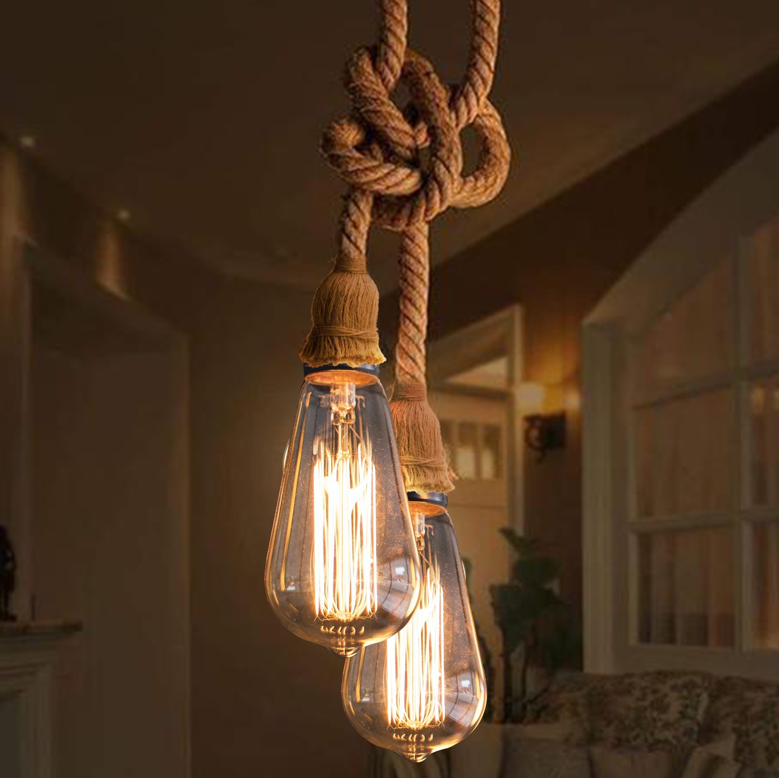 11,95 € Free Shipping | Hanging lamp Aigostar 60W 100 cm. Sporte of two hemp rope lamps Natural Color