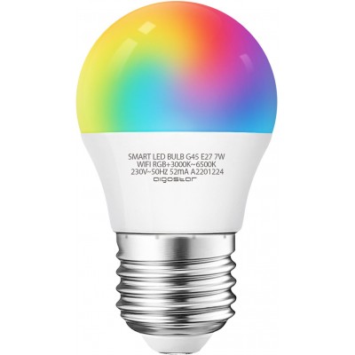 Lampadina LED telecomando Aigostar 7W E27 LED G45 Ø 4 cm. LED intelligenti. Wifi. Dimmerabile multicolore RGB. Compatibile con Alexa e Google Home Pmma e policarbonato. Colore bianca