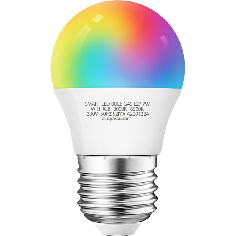 Bombilla LED control remoto Aigostar 7W E27 LED G45 Ø 4 cm. LED inteligente. WiFi. Regulable multicolor RGB. Compatible Alexa y Google Home Pmma y policarbonato. Color blanco