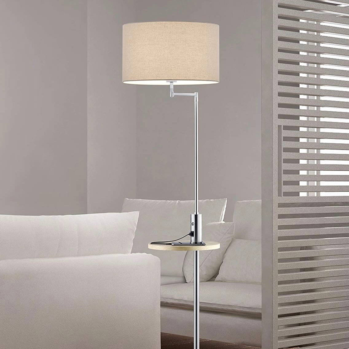 177,95 € Free Shipping | Floor lamp Trio 60W 160×40 cm. Intermediate shelf for objects Metal casting, wood and textile. Gray Color