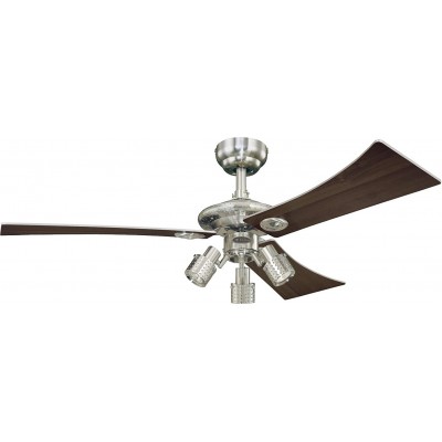 182,95 € Free Shipping | Ceiling fan with light 50W 122×122 cm. 3 vanes-blades. 3 spotlights Metal casting. Nickel Color