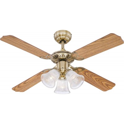 139,95 € Free Shipping | Ceiling fan with light 60W 105×105 cm. 4 vanes-blades. triple focus Living room, dining room and bedroom. Classic Style. Metal casting and Wood. Brown Color