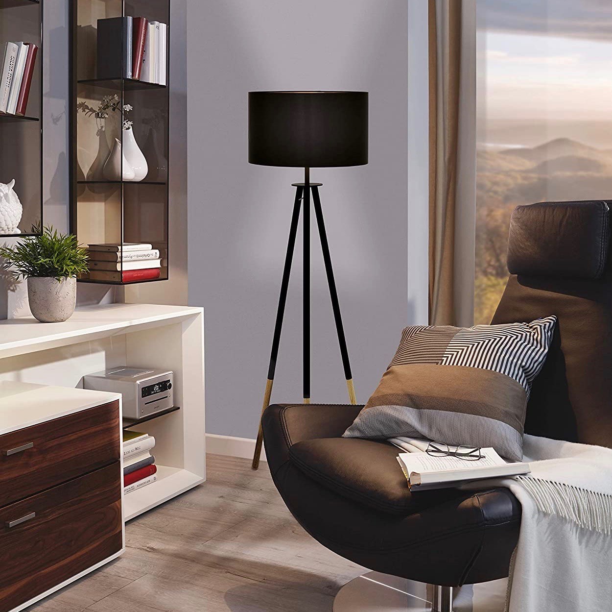 251,95 € Envoi gratuit | Lampadaire Eglo 60W Posé sur trépied Acier et bois. Couleur gris