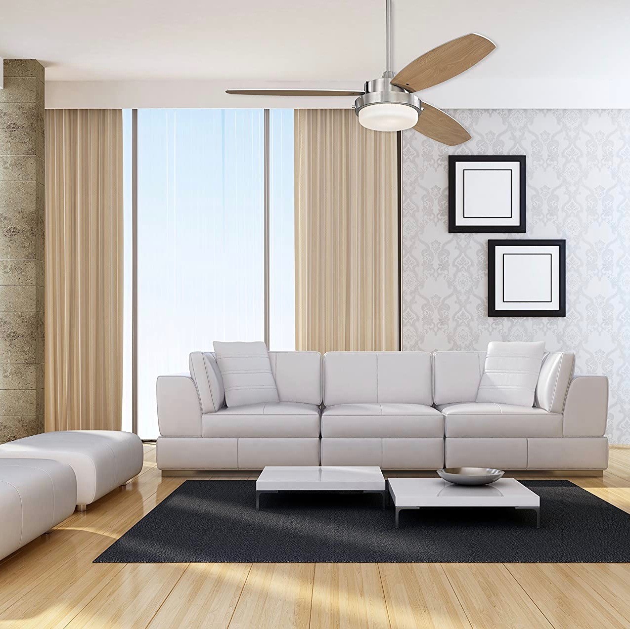 219,95 € Envío gratis | Ventilador de techo con luz 54W 132×132 cm. 3 aspas-palas Metal. Color níquel