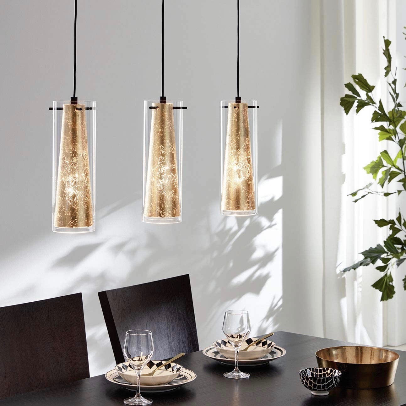 212,95 € Free Shipping | Hanging lamp Eglo 60W 110×73 cm. Triple focus Steel and glass. Golden Color