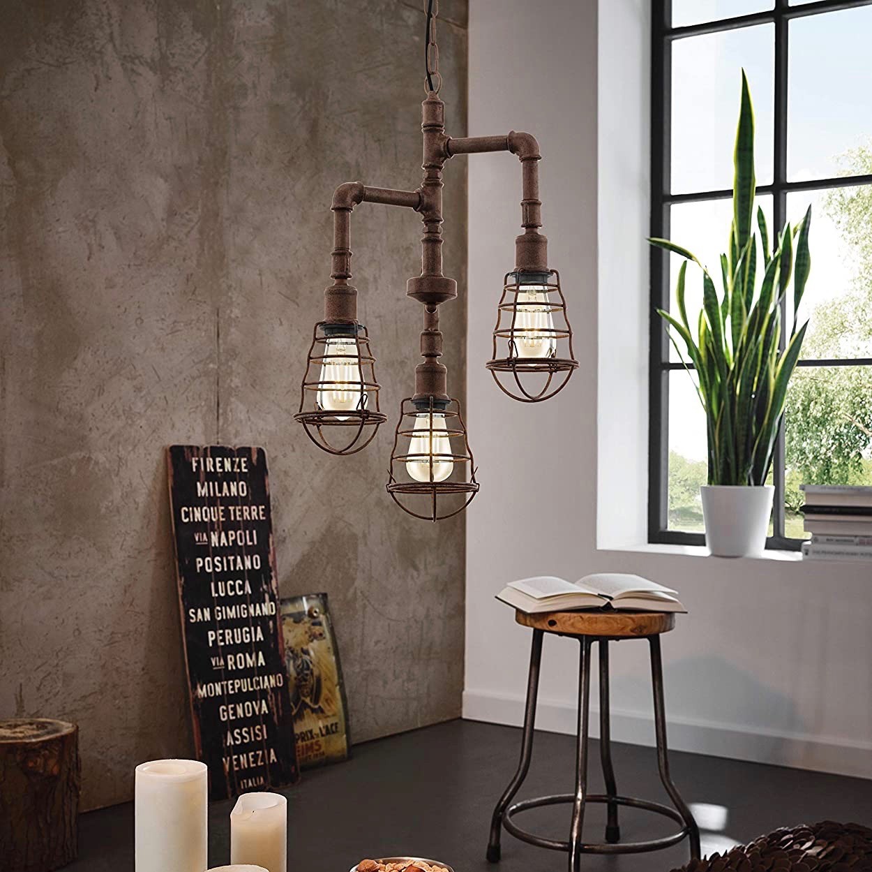 146,95 € Kostenloser Versand | Hängelampe Eglo 60W 110×36 cm. 3 Lichtpunkte Stahl. Braun Farbe
