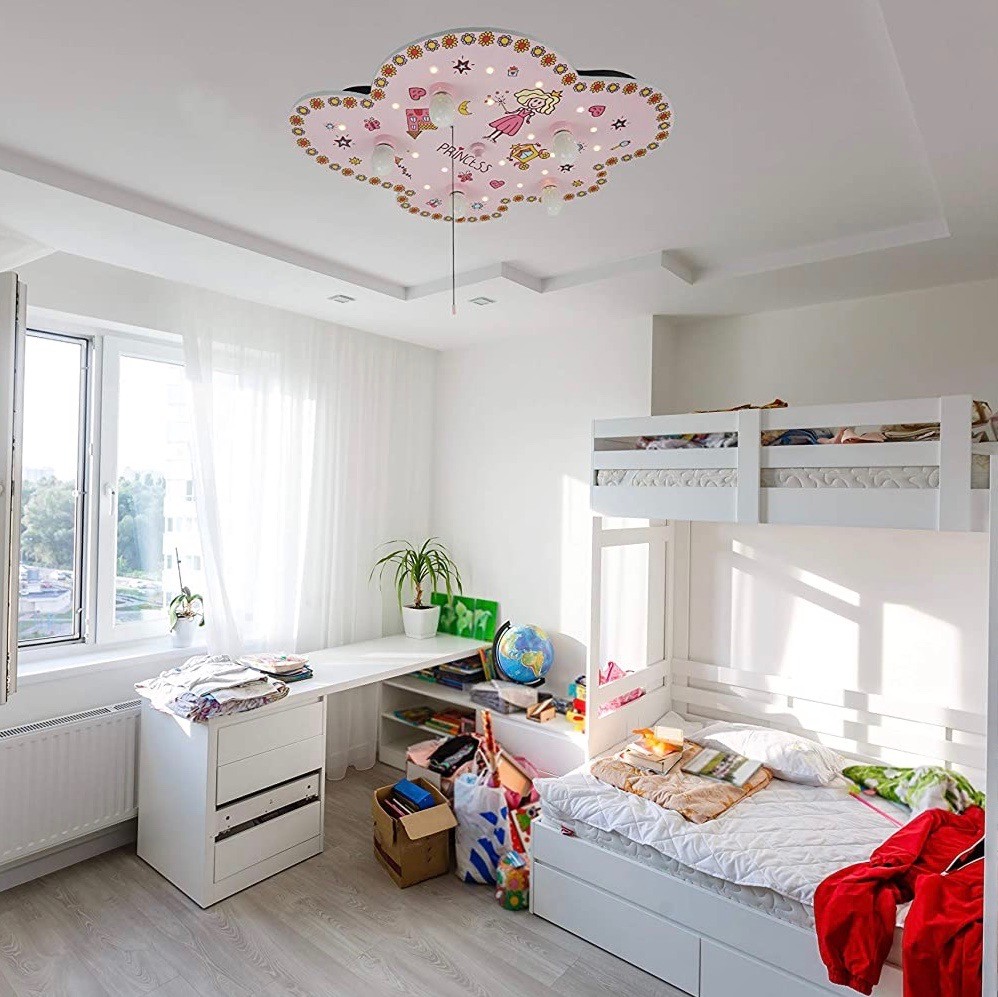 172,95 € Spedizione Gratuita | Lampada per bambini 25W 77×58 cm. 5 punti luce. Design a forma di nuvola con disegno principessa Colore rosa