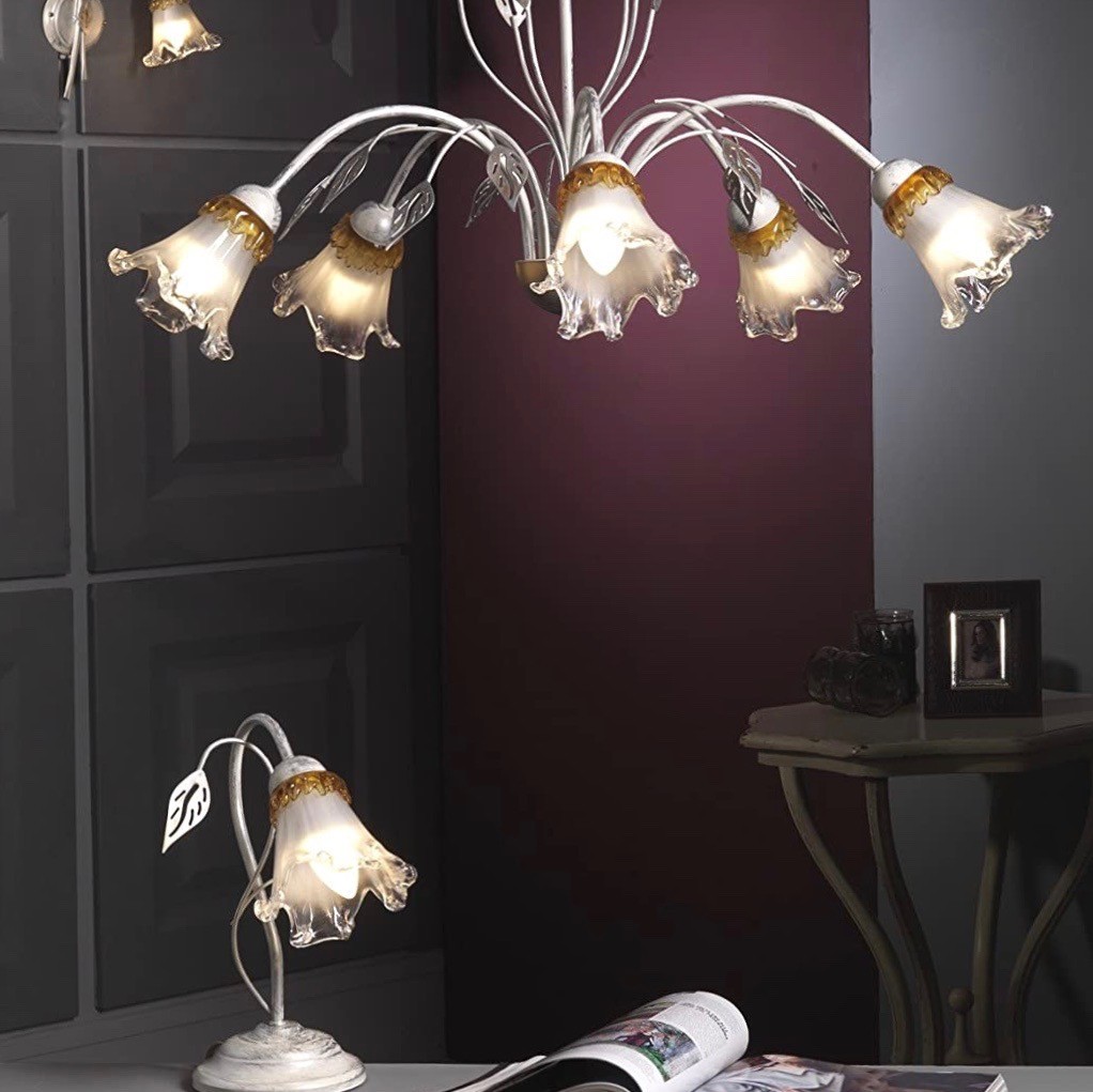 266,95 € Spedizione Gratuita | Lampadario 6W 105×80 cm. 5 faretti. disegno floreale Metallo e bicchiere. Colore cromato