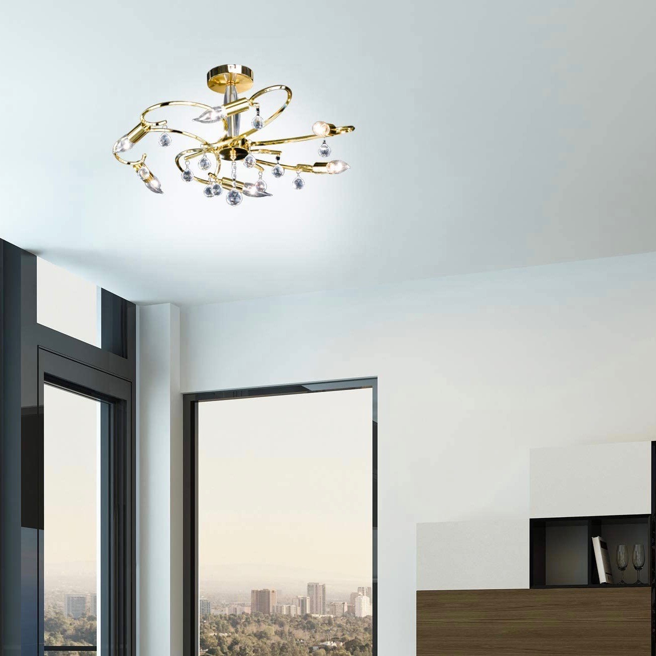 202,95 € Envio grátis | Lustre 28W 62×62 cm. Vidro. Cor dourado