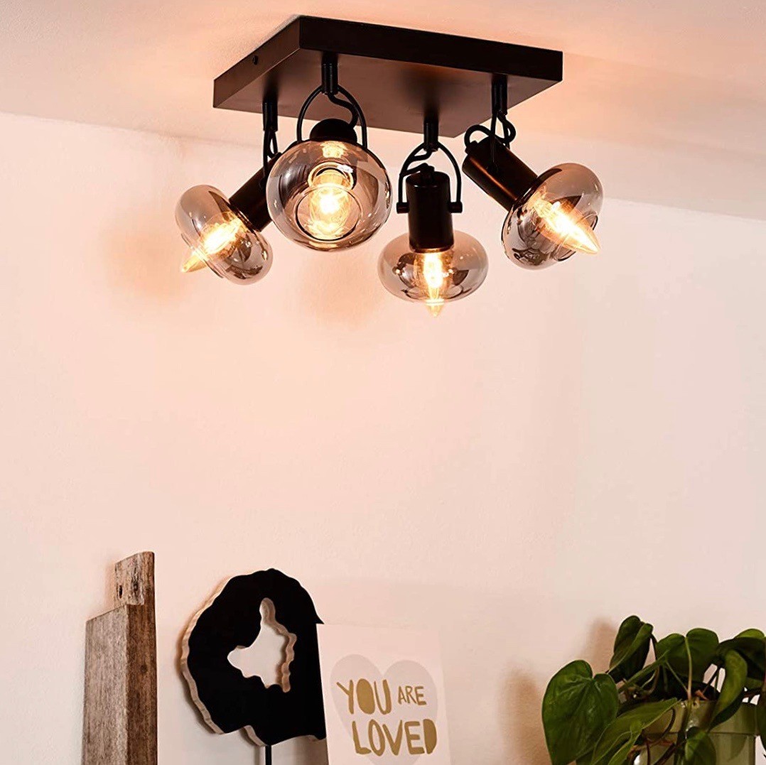 198,95 € Envío gratis | Foco para interior 100W 23×23 cm. 4 puntos de luz orientables Metal y vidrio. Color negro