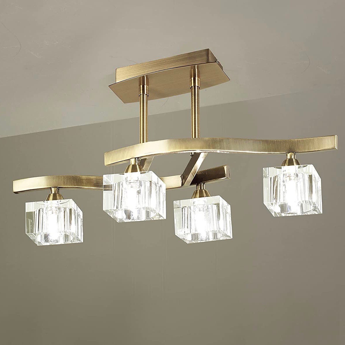 212,95 € Free Shipping | Ceiling lamp 50×28 cm. 4 spotlights Steel and crystal. Golden Color