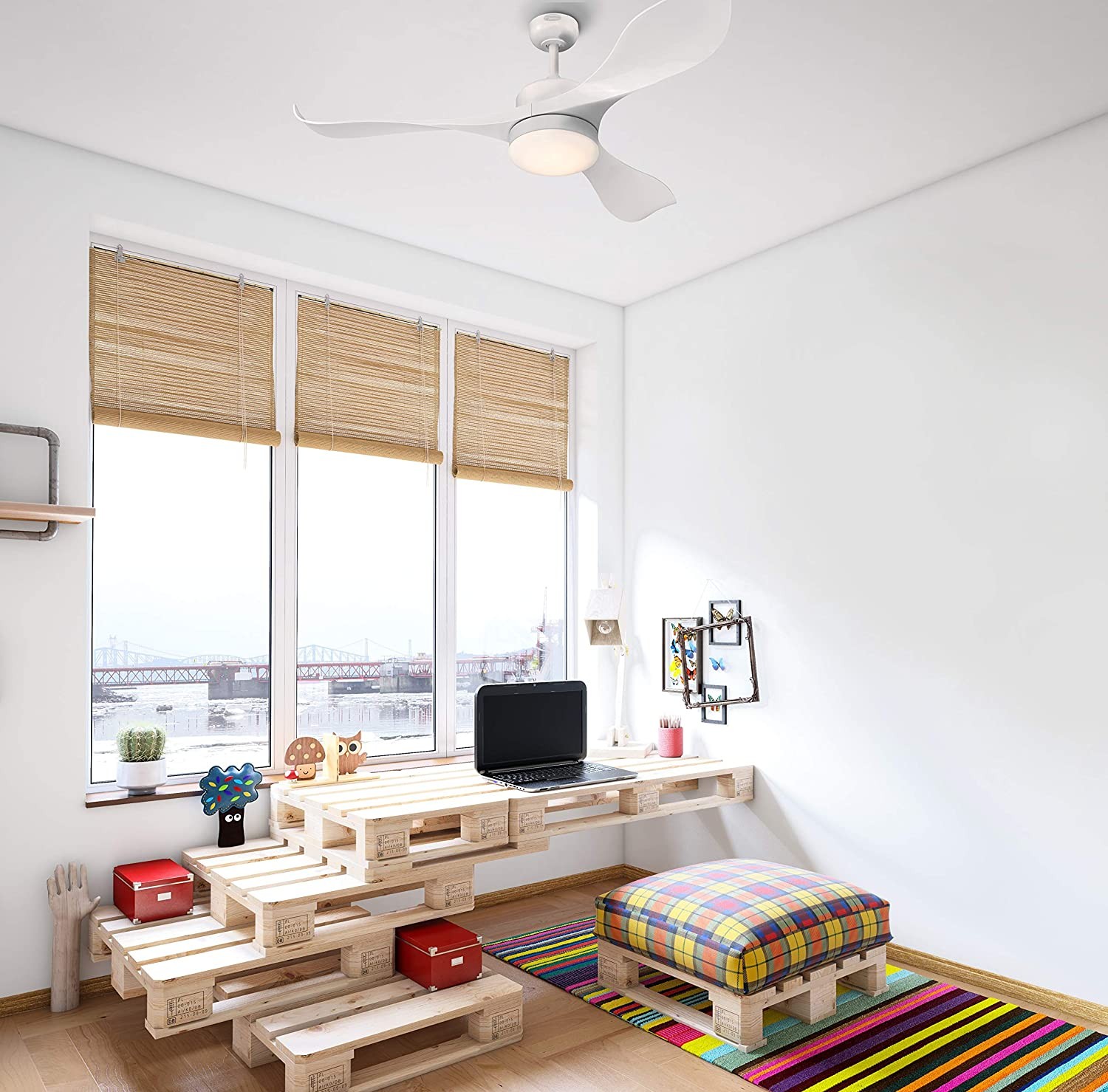 381,95 € Spedizione Gratuita | Ventilatore da soffitto con luce 80W 132×132 cm. 3 pale. Telecomando. Illuminazione a LED Metallo e bicchiere. Colore bianca