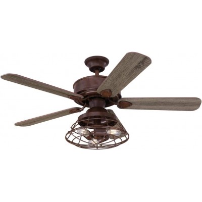 288,95 € Free Shipping | Ceiling fan with light 54W 2700K Very warm light. 122×122 cm. 5 vanes-blades. Protective screen with LED lighting. Remote control Living room, dining room and lobby. Vintage Style. Wood. Brown Color