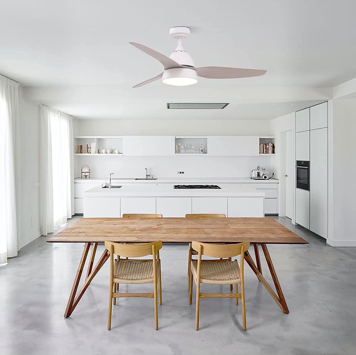 373,95 € Envio grátis | Ventilador de teto com luz 122×122 cm. 3 palhetas-lâminas. Controle remoto. Silencioso. Alto-falante Bluetooth. Iluminação LED Cor branco