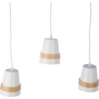 Lámpara colgante 60W Forma Cónica 64×24 cm. Triple foco Salón, dormitorio y vestíbulo. Metal y Madera. Color blanco
