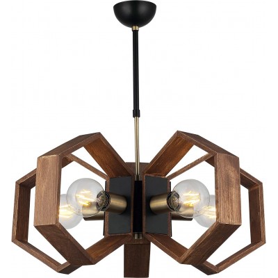 Lampada a sospensione 40W 56×34 cm. 5 punti luce Soggiorno, sala da pranzo e atrio. Metallo e Legna. Colore marrone