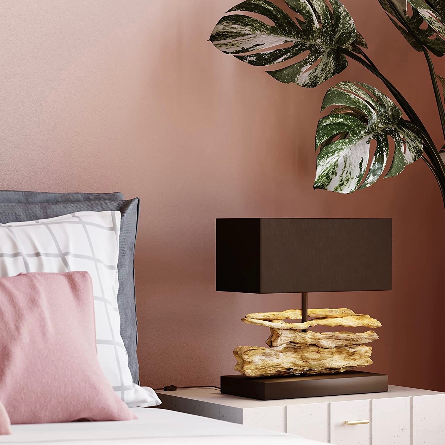 555,95 € Envío gratis | Lámpara de sobremesa 60W 87×48 cm. Base formada por troncos Aluminio, madera y textil. Color marrón