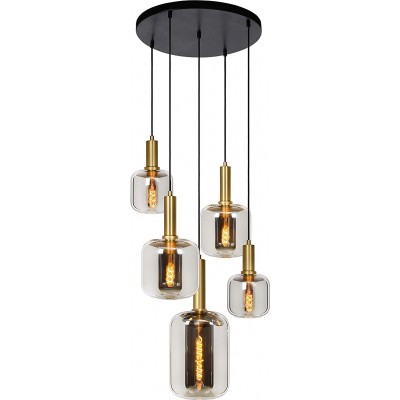 502,95 € Free Shipping | Hanging lamp 200W Cylindrical Shape Ø 71 cm. 5 spotlights Living room, dining room and bedroom. Modern Style. Metal casting, Textile and Glass. Gray Color