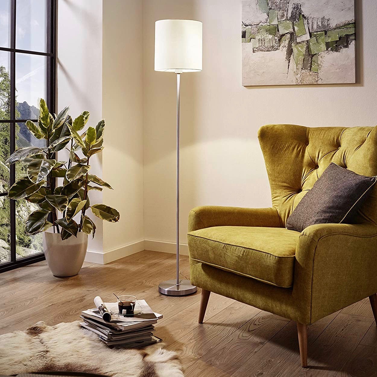 92,95 € Envío gratis | Lámpara de pie Eglo 60W 158×28 cm. Interruptor de pie Acero, textil y metal niquelado. Color níquel