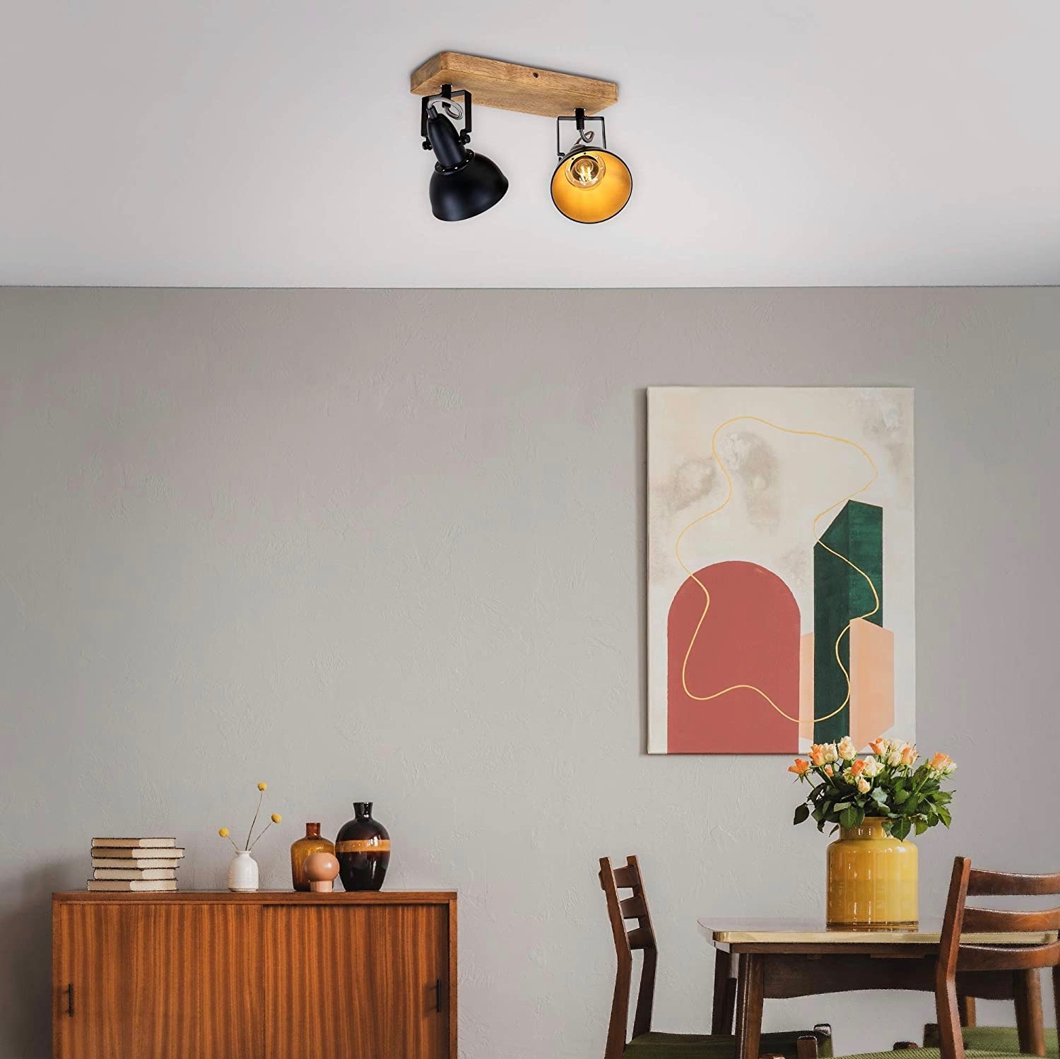 84,95 € Envío gratis | Foco para interior 25W 28×16 cm. Doble foco orientable Metal y madera. Color negro