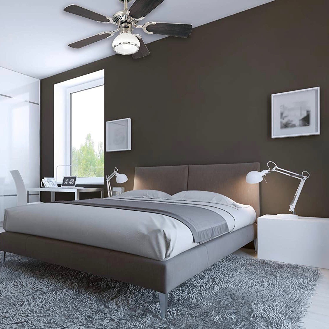 102,95 € Envío gratis | Ventilador de techo con luz 60W 90×90 cm. 5 aspas-palas reversibles Metal. Color marrón