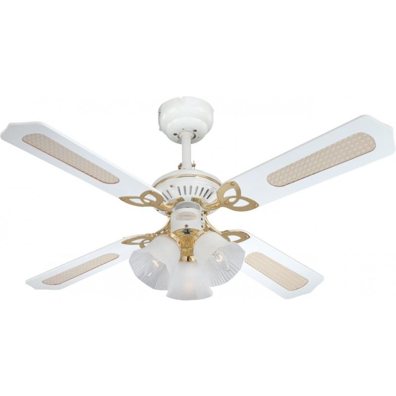 118,95 € Free Shipping | Ceiling fan with light 60W 105×105 cm. 4 vanes-blades. triple focus Living room, dining room and bedroom. Classic Style. Metal casting and Rattan. White Color