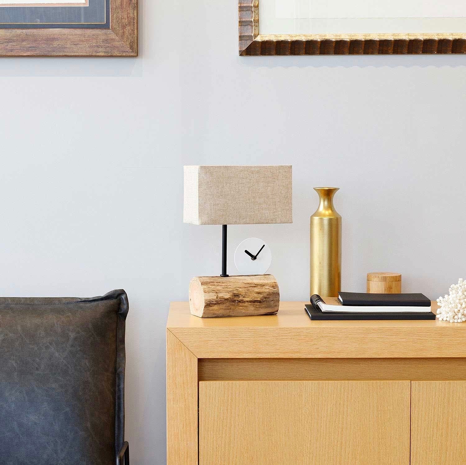 77,95 € Kostenloser Versand | Tischlampe 25W 35×25 cm. Uhr Metall, holz und textil. Braun Farbe