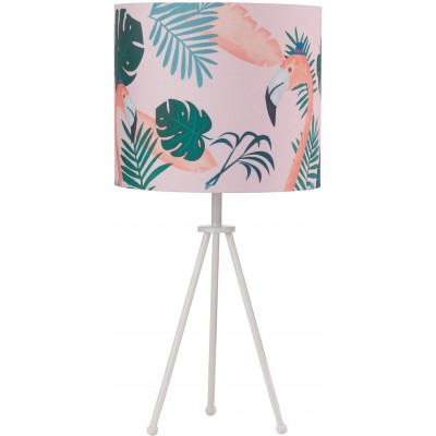 Lâmpada de mesa Forma Cilíndrica 40×30 cm. Tripé de fixação. Design com plantas e flamingo Sala de estar, sala de jantar e quarto. Estilo moderno. Metais e Têxtil. Cor rosa
