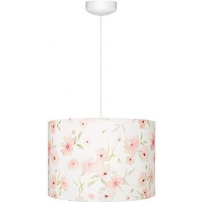 Lámpara colgante 60W Forma Cilíndrica 35×35 cm. Diseño floral Salón, comedor y dormitorio. Madera y Textil. Color blanco