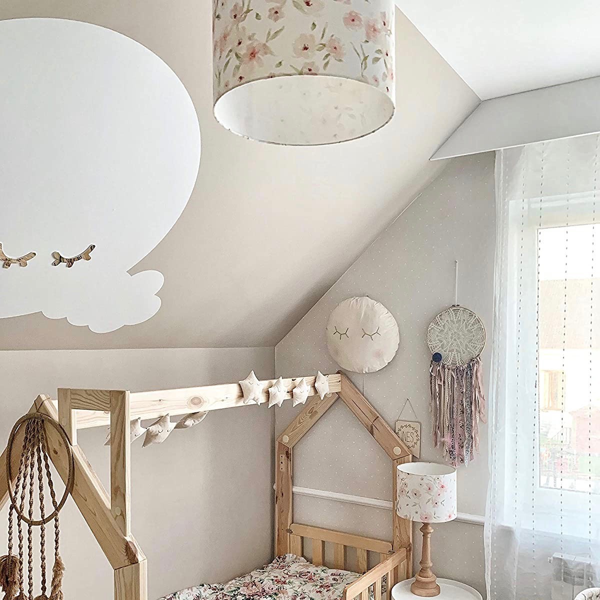 84,95 € Free Shipping | Hanging lamp 60W 35×35 cm. Floral design Wood and textile. White Color