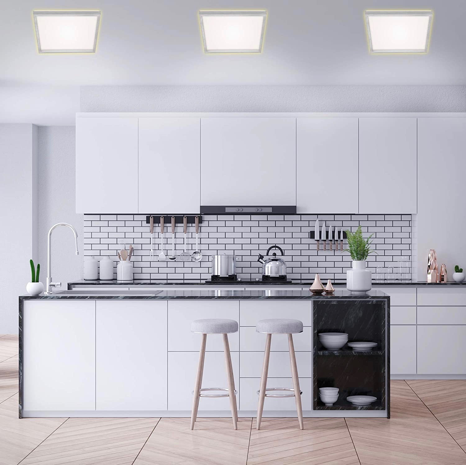 75,95 € Envío gratis | Plafón de interior 42×42 cm. LED. Efecto retroiluminado Aluminio. Color blanco